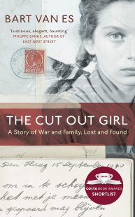 A black and white picture of a young girl takes up most of the background of the cover. A red strip is painted across the photo with the title written in white. The title reads "The Cut out firl a story of war and family, lost and found". On the bottom of the cover is a letter with a date on it and on the top left corner two stamps.