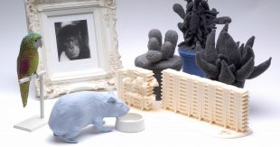 A photograph of a mixed media artwork. The artwork is Home Ornaments, 2002 – 5, by Daphne Wright. It appears as an arrangement of miniature figures, a parrot, a blue hamster, a photo frame with a photo of a monkey in it. Some grey cacti and model figure of a building. 