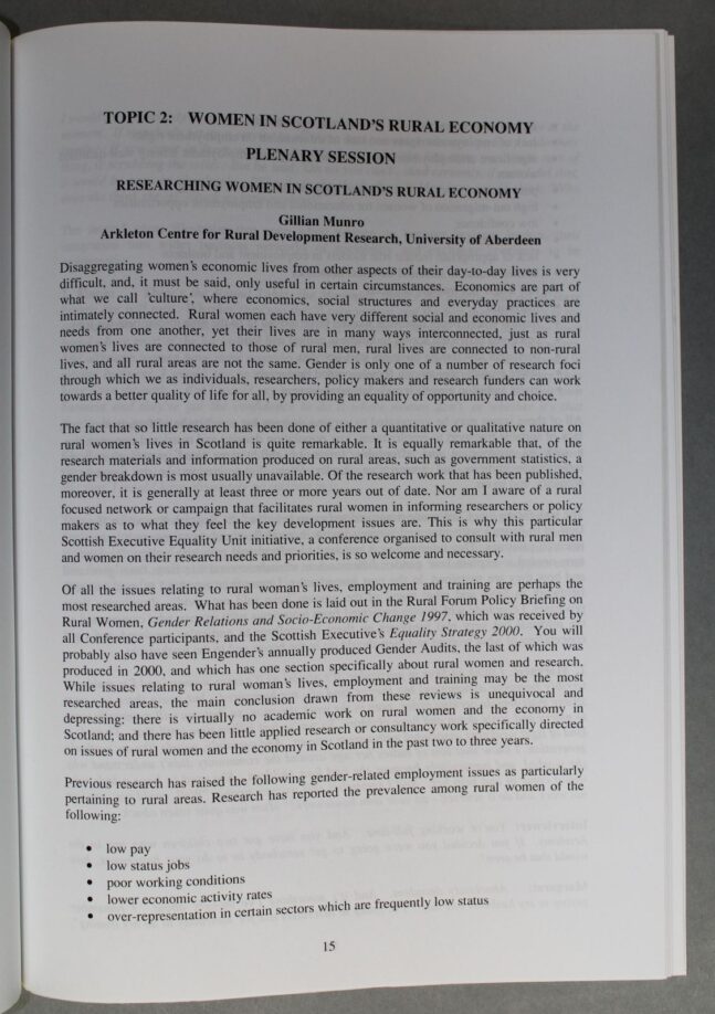 A white page with typed black text. It shows a plenary from the conference titled, "Women in Scotland's Rural Economy"