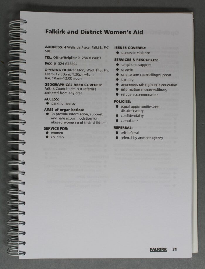 A page from the register showing the information for Falkirk and District Women's Aid.