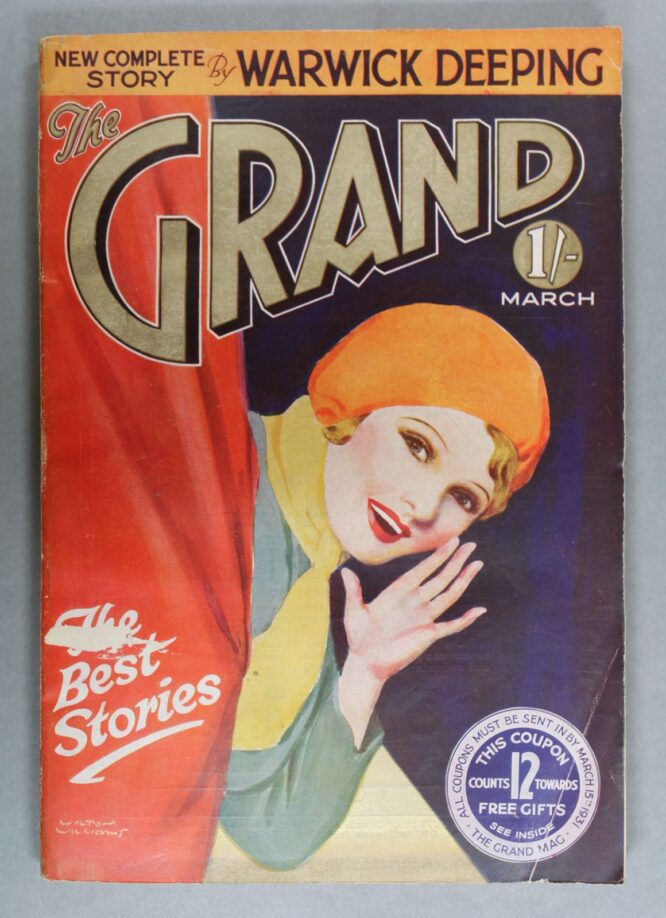 A magazine titled The Grand with an illustrated cover. It shows a woman learning around a curtain and cupping her hand to her mouth as though she were about to say something.