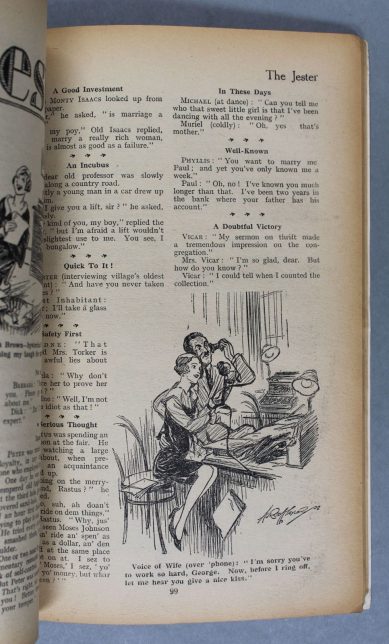 The inside page of an old magazine. It shows a small illustration amongst the text, showing a woman and a man speaking on an old-fashioned telephone.