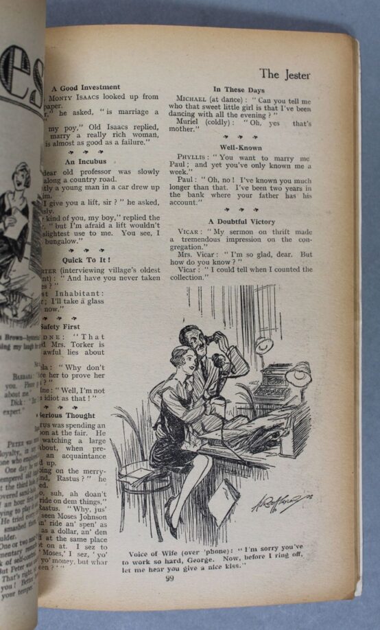The inside page of an old magazine. It shows a small illustration amongst the text, showing aa man with his arm around his young female secretary as he speaks on the phone to his wife.