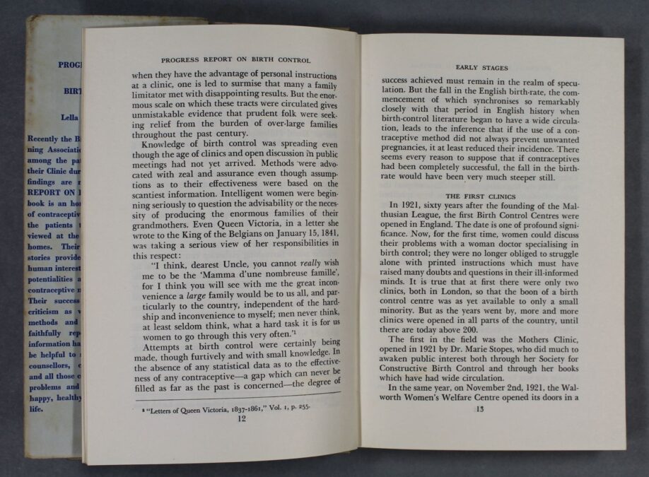 The open pages of a book showing black text on white pages. A heading reading, "The First Clinics", is visible on the right-hand page.