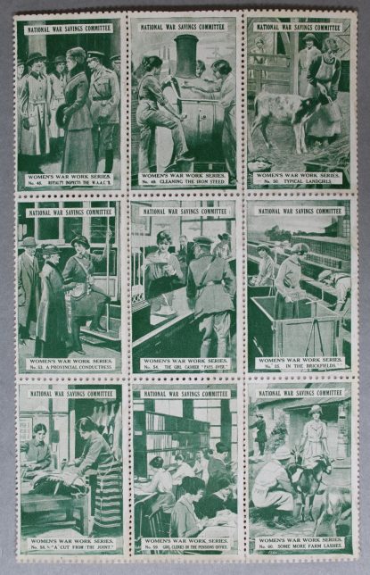 A sheet of green stamps showing images of women doing war work. This includes butchery, milking goats, working as clerks and working in a factory.