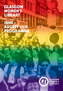 The cover of our 2019 Summer programme, showing an old photograph of people at a protest with a rainbow covering the cover with red at the top and blue at the bottom.