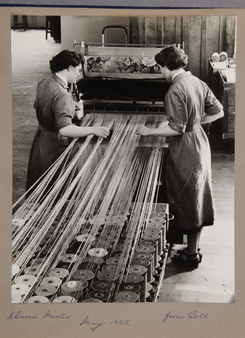 Chrissie Martin and Jessie Bell weaving a Templeton carpet 1955. Credit: STOD201/2/16/1/6 - p.8 University of Glasgow Archives Services