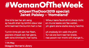 A red post with white, bold font reading "WOman of the week open the door special on janet paisley."