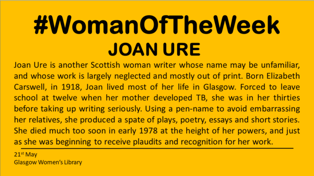 A yellow background with black text detailing some of the details of Joan Ure's life. Full text is written below.