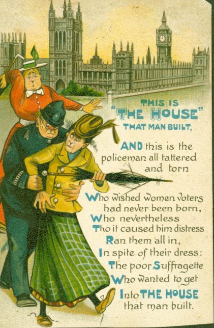 A harrassed policeman shepherds two comically plain women to the accompaniment of an anti-Suffragette poem.