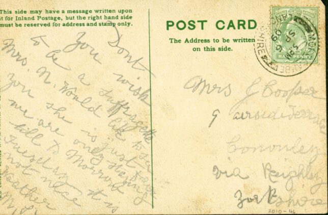 Reverse of anti-suffragette postcard, with a message that starts "Don't you wish to be a Suffragette..."