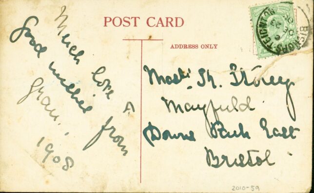 Reverse of 'I want my vote!' kitten postcard, with the message: "Much love and good wishes from Gran. 1908"