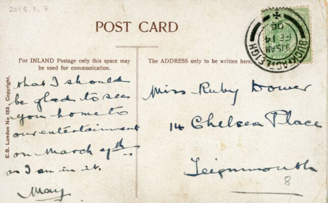 Reverse of 'Dear Ruby...' postcard, inscribed with an invitation to an 'entertainment'