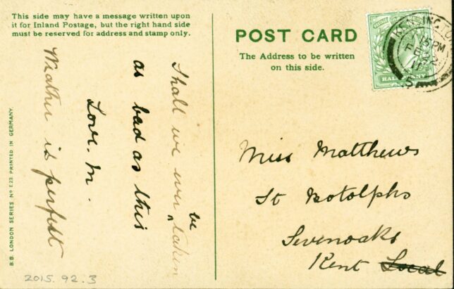 Reverse of "This is 'THE HOUSE' that man built" Pro-Suffrage postcard