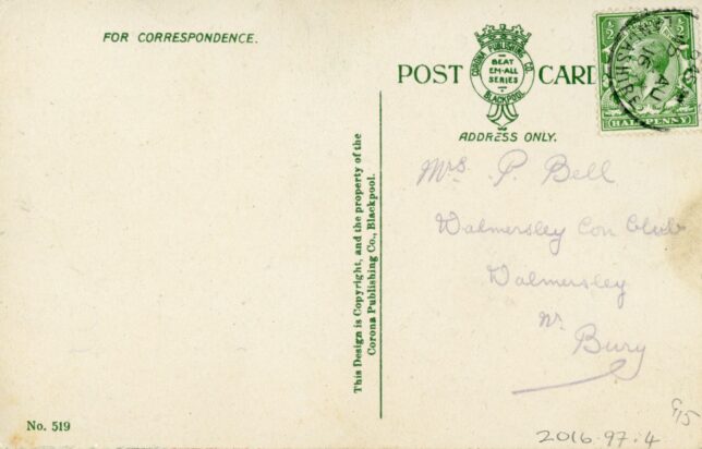 Reverse of postcard, blank except for the postal address
