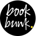 The Book Bunk logo. A black circle with white text that reads, "book bunk".
