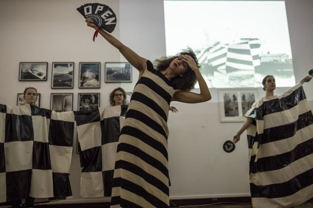 Linder, Love Imposes Impossible Tasks, Performance by Lauren Fitzpatrick with Charlotte Cullinan, Kirstin Halliday, Ally Kay, Emma McCarthy, Montse Pearce Suarez and Alice Wadkin, 12 Hour Action Group International Symposium, Cooper Gallery DJCAD, 2016/17 Credit: Photography by Ross Fraser McLean