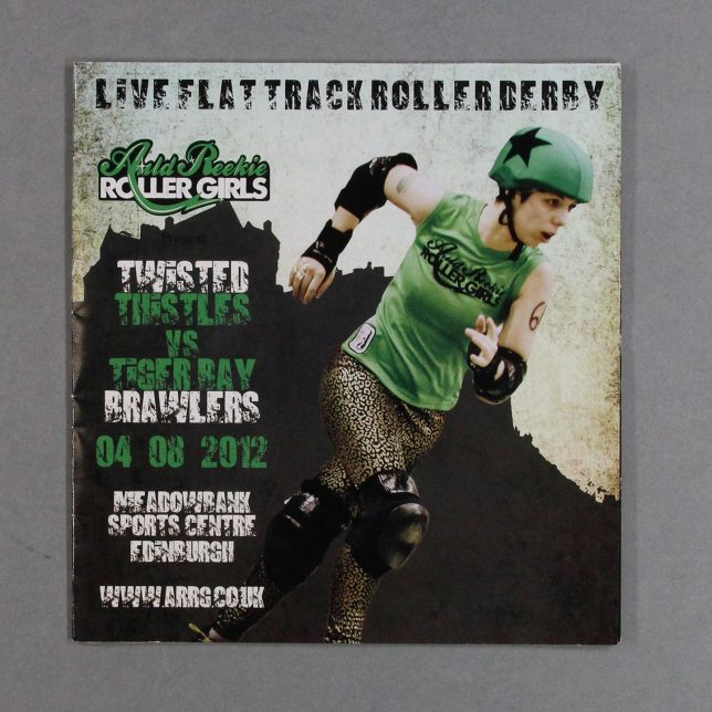 Roller Derby Bout programme cover, featuring a roller derby player in protective gear including a green helmet with a black star, wearing a sleeveless t-shirt that says 'Auld Reekie Roller Girls', and animal print leggings.