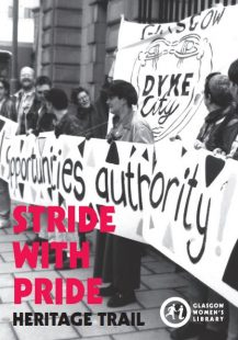 A black and white cover showing people on a march with banners. Pink text on the cover says 'Stride with Pride Heritage Trail'