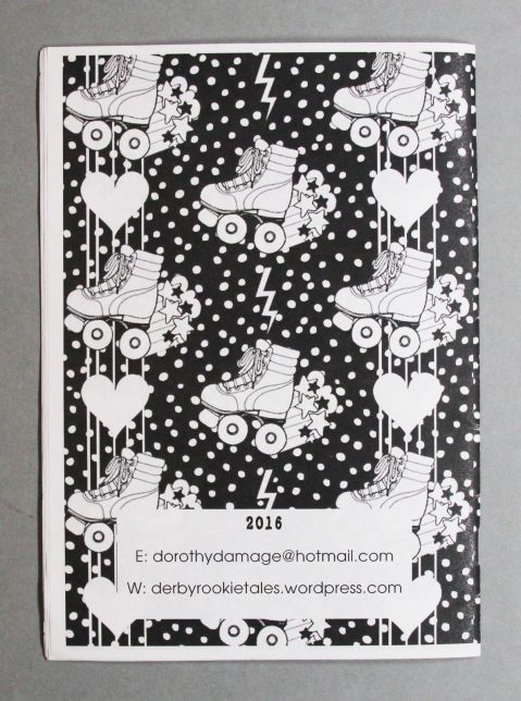 Back cover of Get Lower! zine, with a repeating pattern of roller skates, hearts and lightning flashes. The zine is printed in black and white.