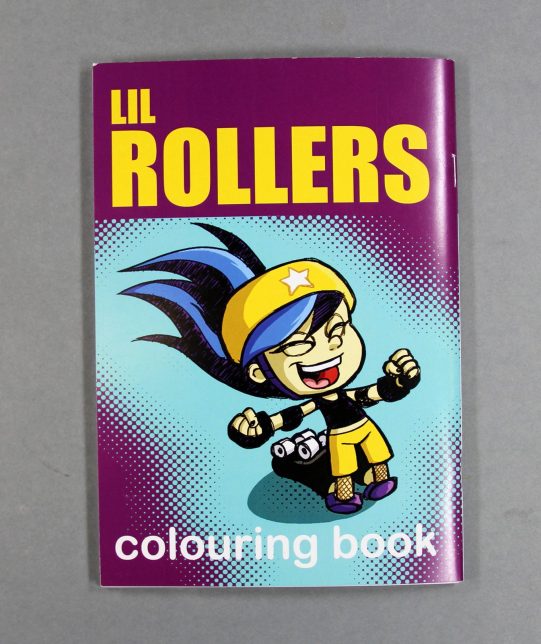 Lil Rollers colouring book cover, featuring a gleeful young roller derby player leaping with her arms out.