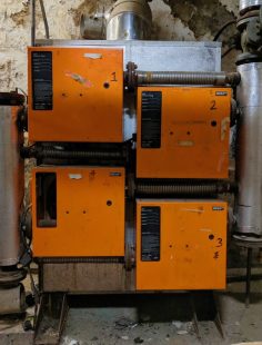 The old boiler! It looks like four orange boxes arranged two on top the other.