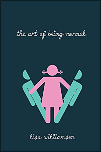 Cover of The Art Of Being Normal by Lisa Williamson. The book cover is dark blue, with a stylised female figure in pink emerging from a male figure that has been split in two like a chrysalis.
