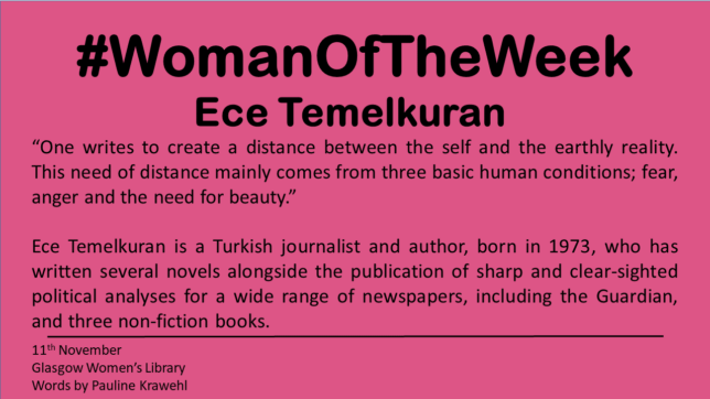 A pink background with #WomanOfTheWeek at the top.  It then features the quote and some information about Ece that is also written in plain text in this post.