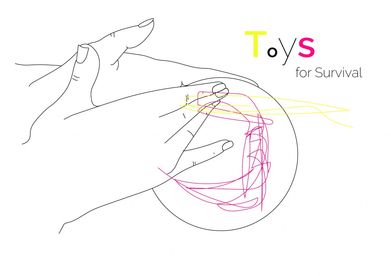 Line drawing of hands playing with abstract pink string with words Toys for Survival to top right