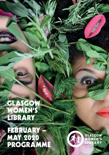 The cover of the Spring programme, showing two women's faces covered in leaves and cut out images of lips.