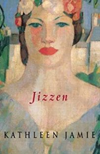 Cover of Jizzen by Kathleen Jamie. (The cover features a stylised illustration of the head an shoulders of a woman wearing a flower crown in soft, warm colours)