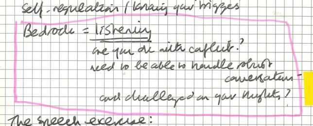 A photograph of a handwritten page from Adele’s Clore Fellowship notebook with highlighted text that reads, ‘Bedrock = listening. Are you okay with conflict? Need to be able to handle robust conversations and [be] challenged on your thoughts?’