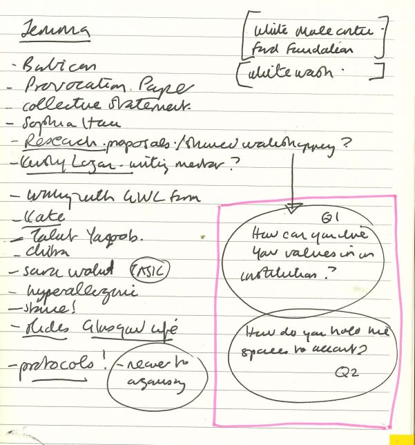 A photograph of a handwritten page from Adele’s Clore Fellowship notebook with a highlighted diagram of two interlinked circles that read, ‘Question 1: How can you live your values in an institution?’ And ‘ Question 2: How do you hold the spaces to account?’