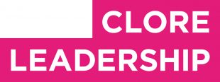 Clore Leadership logo (Clore Leadership in white sans serif capitals, right-aligned on a pink background)