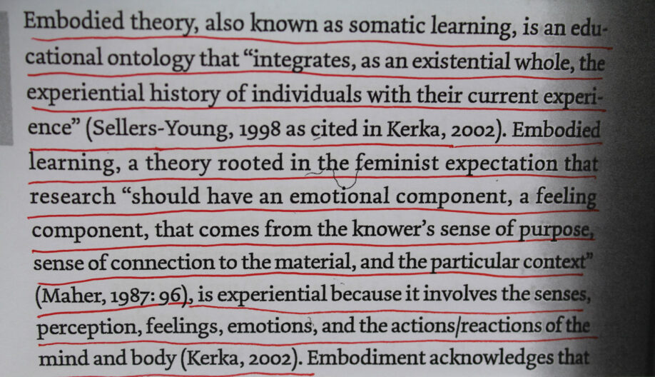 Cropped photograph of underlined part of text from Laura Evans, in Feminisms and Museums, Vol. 2 which reads ‘‘Embodied theory, also known as somatic learning, is an educational ontology that “integrates, as an existential whole, the experiential history of individuals with their current experience” (Seller- Young, 1998 as cited in Kerka, 2002). Embodied leaning, a theory rooted in the feminist expectations that research “should have an emotional component, a feeling component, that comes from the knower’s sense of purpose, sense of connection to the material, and the particular context” (maher, 1987:96), is experiential because it involves the senses, perception, feelings, emotions, and the actions/reactions of the mind and body (Kerka, 2002).’