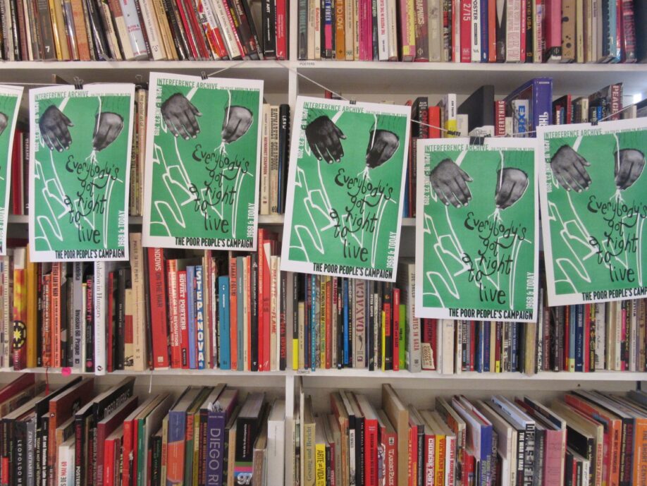 Posters with the statement ‘Everybody’s got a right to live’ from the Poor People’s campaign, drying having been screen printed in the Interference Archives, Brooklyn, New York, 30 March 2019