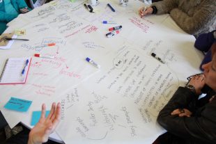 large sheets of notes and diagrams are strewn across a table, with words and phrases visible, including 'local connections to area', 'neglect of women's contribution', 'Gender Gap'