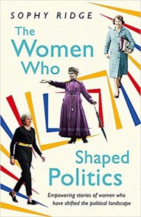 book cover with a white background, featuring a primary coloured geometric pattern, and it has three women from different periods in history