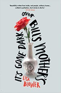 Cover of Its gone dark. It is a light grey background, with an old-fashioned cracked porcelain vase in the centre with a single red rose inside. The title is written around this image in a handwriting font that looks like black marker pen.