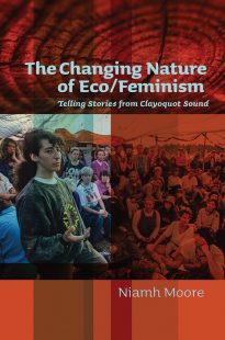 The cover of The Changing Nature book. The background is a reddish orange colour, and the title is a light blue colour. The image in the centre of the book is divided into two, the right side is in colour depicting a woman in the foreground facing sideways and extending her hand out. She is surrounded by a group of women sitting all around her. The left part of the image is coloured red and shows the crowds of women sitting together at this event.