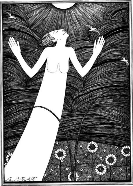 Monochromatic drawing of a female figure standing on a bank of daisies with arms raised towards the sun