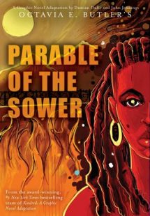 Book cover of The Parable of the Sower by Octavia Butler showing an illustration of a woman against a backdrop of fire