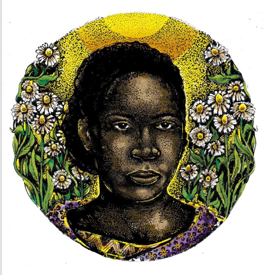 Illustration of imagined image of Maria Firmina dos Reis, set against a backdrop of white and yellow flowers