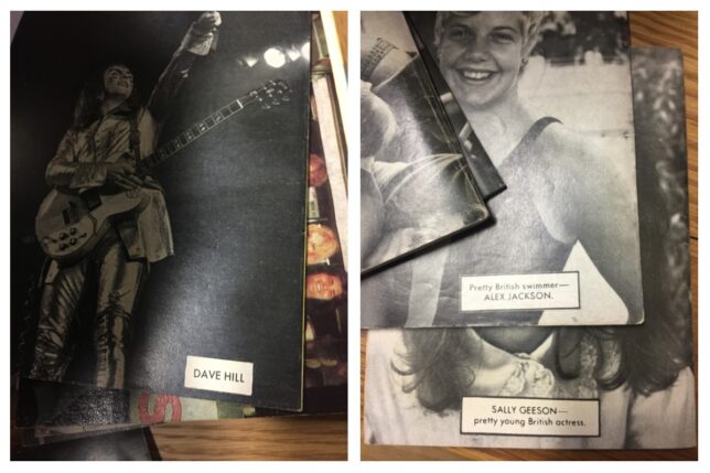 The back pages of a selection of Bunty comic books, featuring black and white photos of men and women.