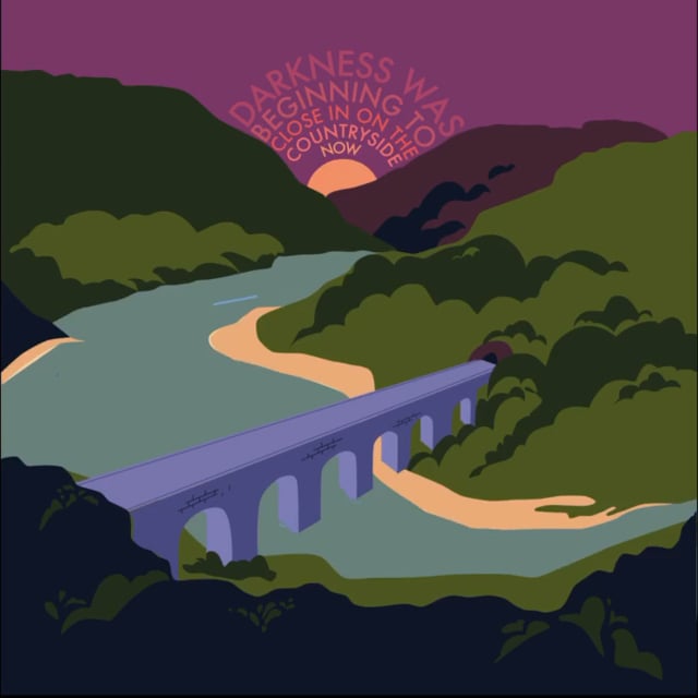 An illustration of a bridge across a body of water. In the distance you can see the sun rising between two hills.
