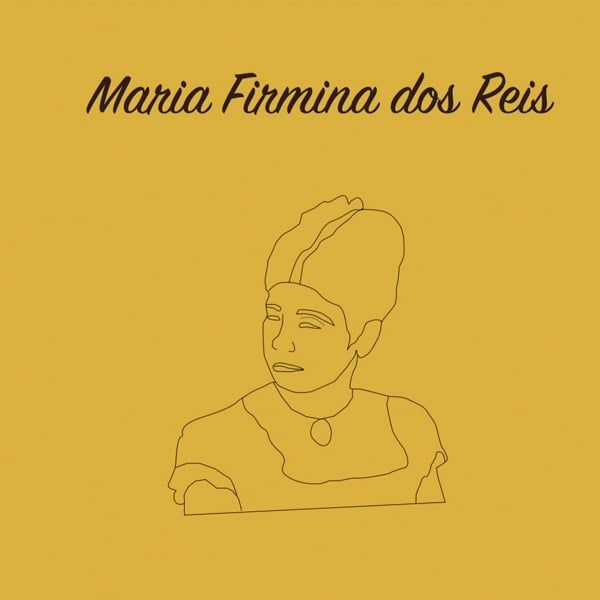 Yellow background with a line drawing of Maria Firmina dos Reis