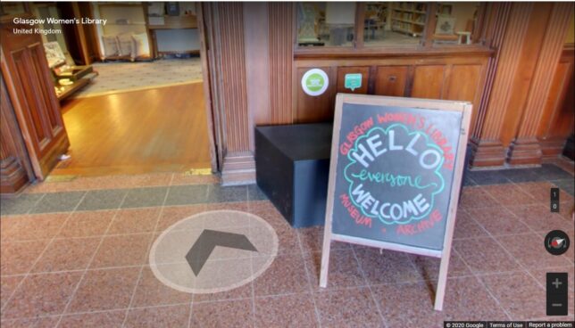 Google Streetview screenshot of the GWL entrance, with a sandwichboard that says 'Hello Everyone Welcome'. A streetview navigation arrow points towards the open doors.