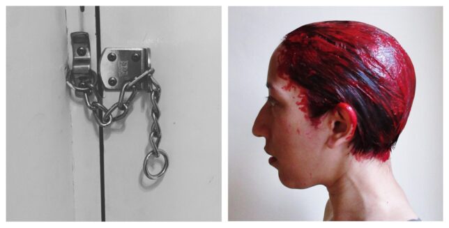 A pair of photographic prints, one of a padlock and chain, the other of a woman in side profile, plastered in red hair dye