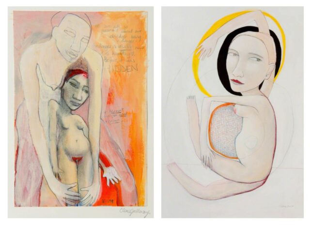 Mixed media paintings depicting (left) a nude woman enveloped by a larger female figure and (right) a nude woman with one arm raised above her head and the other wrapped around her pregnant belly