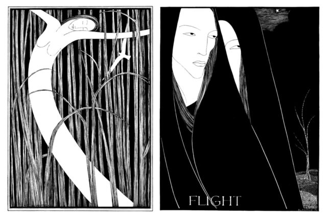 Black and white drawings of (left) a female figure dancing amongst tall grass and (right) two cloaked female figures against a dark sky